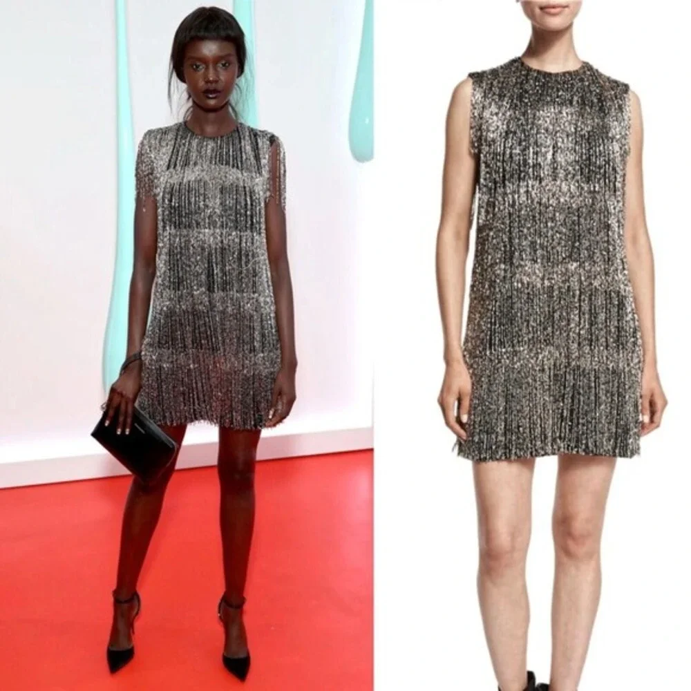 Burberry Silver Fringe Beaded Dress Cocktail Party Mini‎ Size 4 - Picture 10 of 11